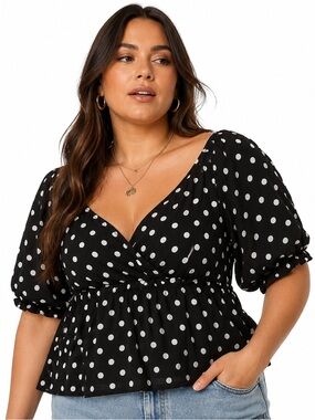 PENN Black White Polka Dot Blouse Puff Sleeve 4X *Flaw